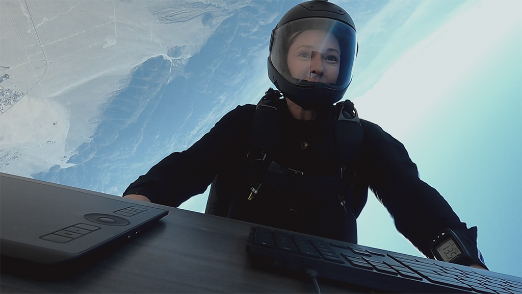 Z8 Fury workstation operated in the air by woman who has jumped from a plane