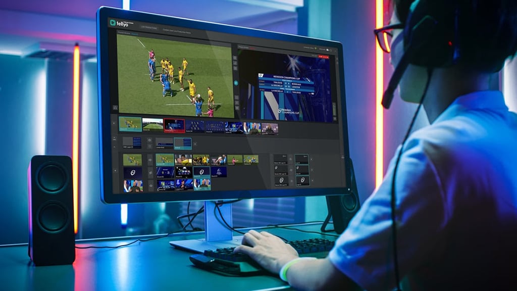Tellyo Stream Studio platform on computer monitor used by man wearing a headset