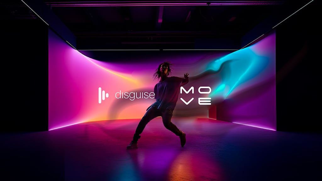 dancer moves in front of the disguise and MOVE.ai logos on a rainbow colored set