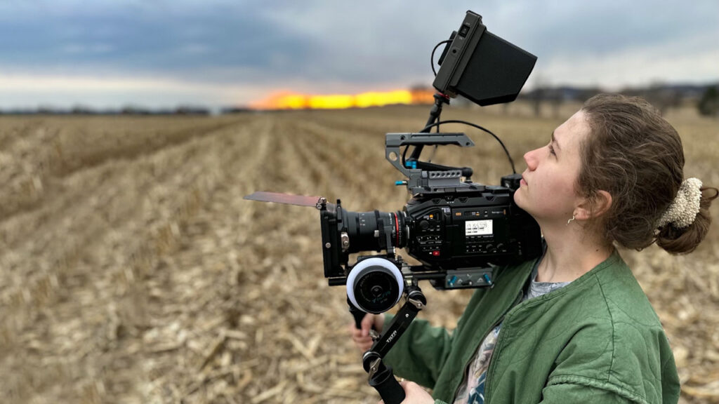 Kutztown University of Pennsylvania student films a farmer's field with the URSA Mini Pro 4.6K G2 digital film camera