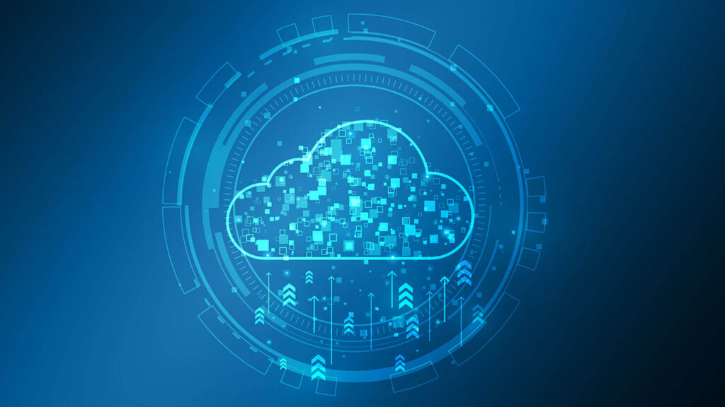 Blue cloud graphic with digital rain