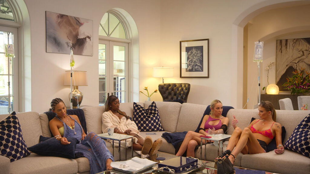 Netflix’s Selling Sunset featuring Amanza Smith, Chelsea Lazkani, Christine Quinn and Emma Hernan receiving IV therapy