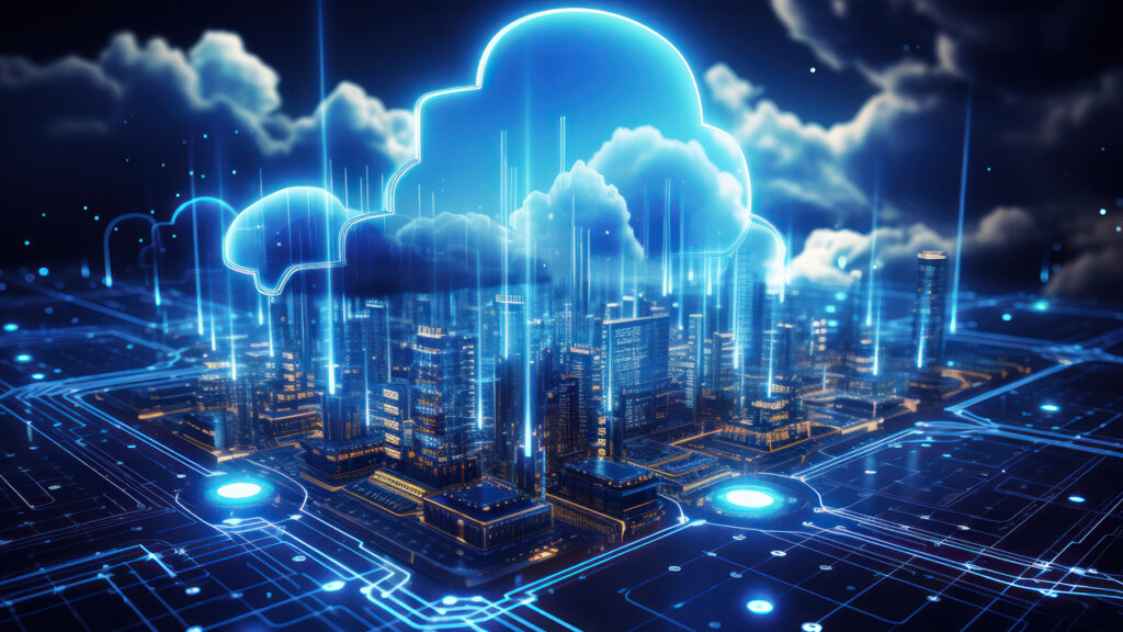 Clouds hover over computer chip resembling a city