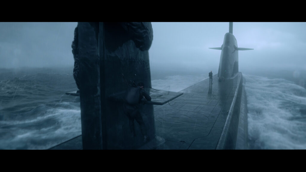 Scene from Citadel where Mason’s parachute stuck on the fin of the submarine on the ocean.