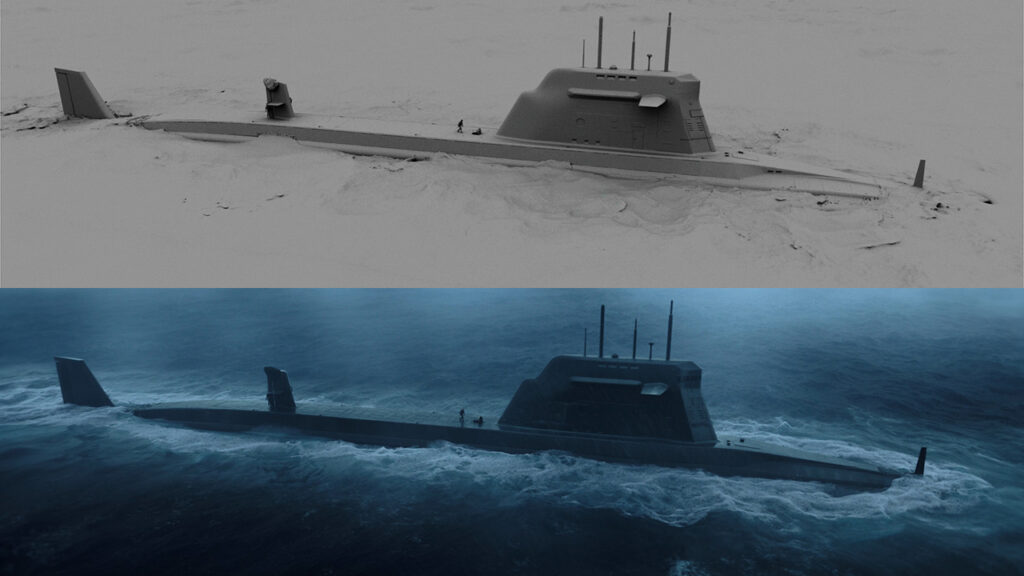 Grayscale and rendered Citadel scene of a submarine surfacing the ocean