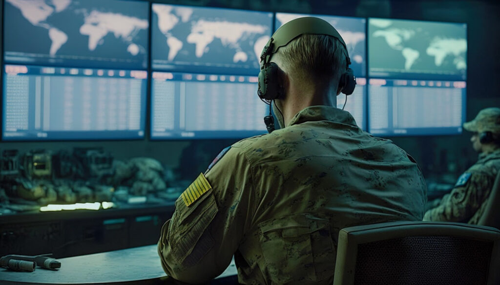 US Air Force men sit in room filled with screens displaying a world map and statistical information