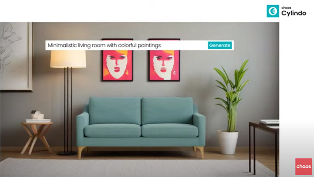 AI generated minimalistic living room with colorful paintings and a turquoise couch with Chaos software