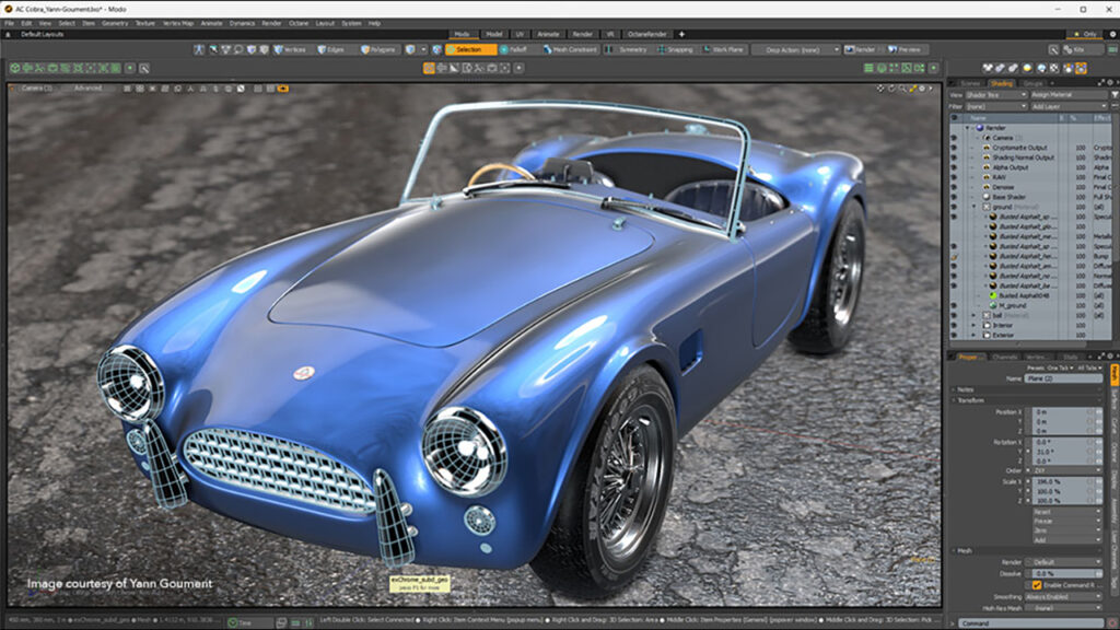 Foundry's advanced viewport showing a blue sports car image under construction