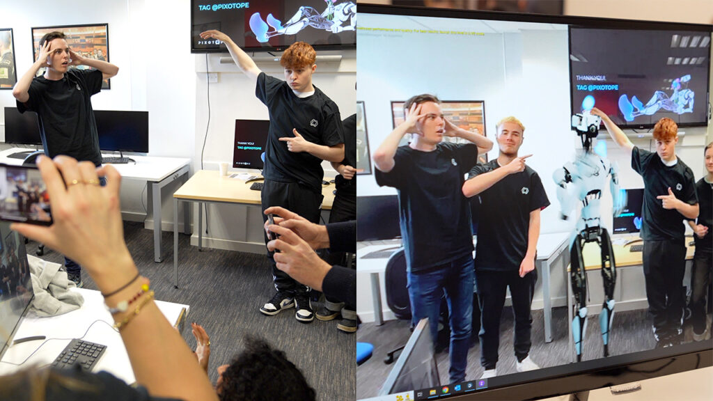Students in a classroom use Pixotope Pocket to create a scene with a virtual robot
