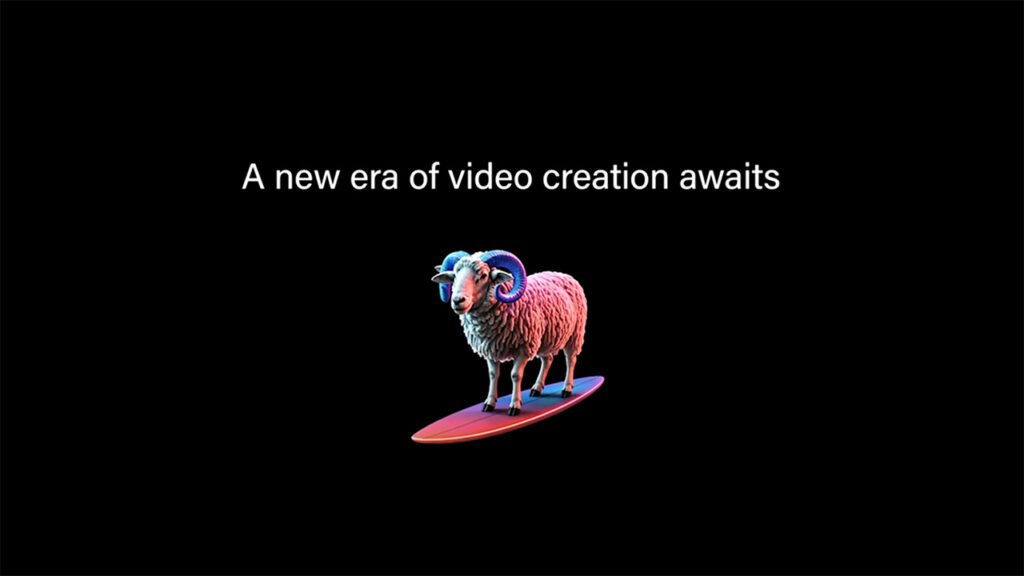 A rainbow colored sheep rides a surfboard against a black background