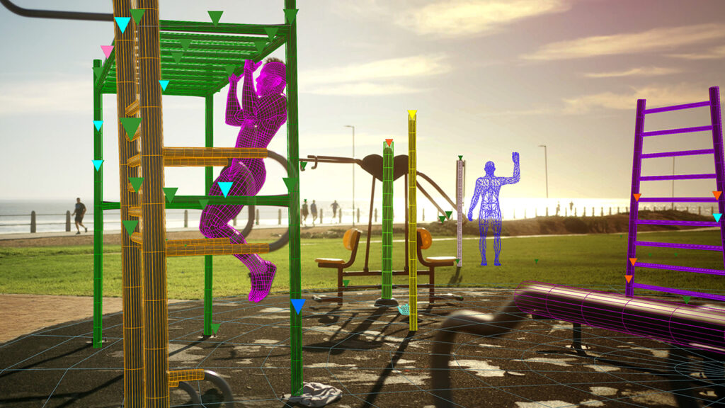 figures of men working out in an outdoor gym are tracked by Boris FX SynthEyes