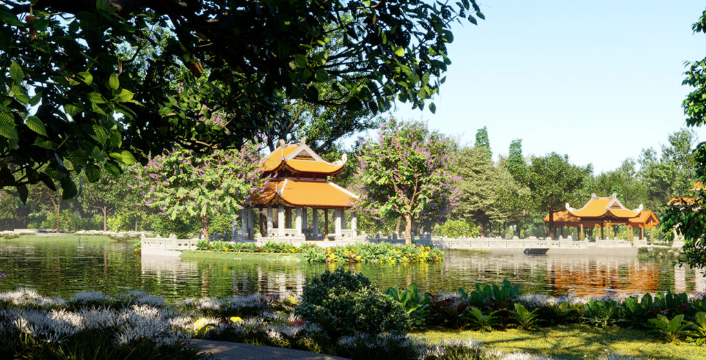 a landscape that includes trees, a pond, and Japanese architecture