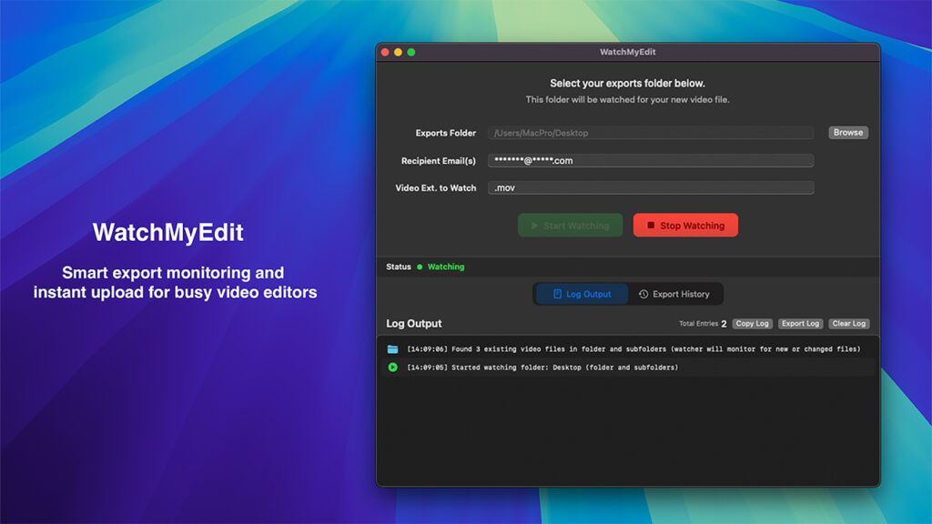 text that says WatchMyEdit Smart export monitoring and instant upload for busy video editors