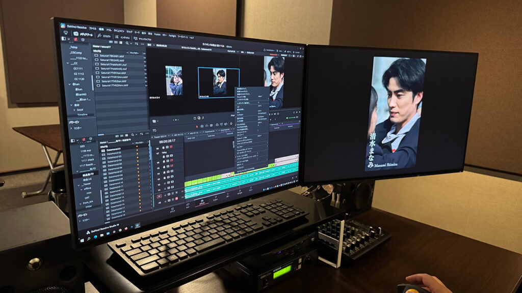 A monitor displays DaVinci Resolve software that is being used to edit a TV drama for the company UPSIDE Inc.