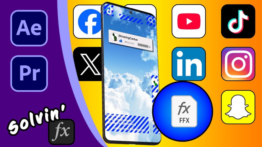 a series of product logos including After Effects, Premiere Pro, Facebook, YouTube, TikTok, X, LInkedIn, Instagram, and SnapChat