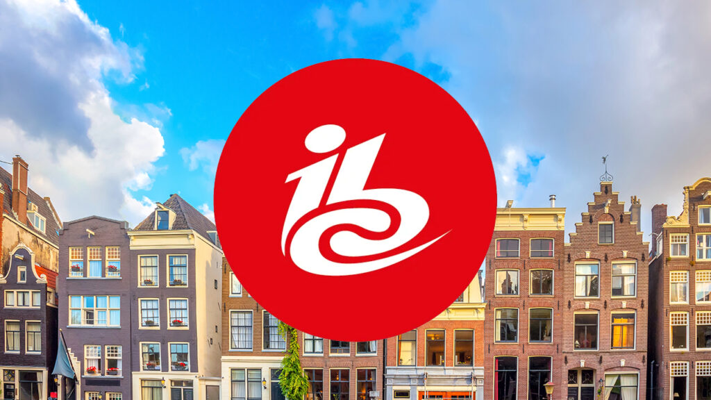the International Broadcasting Convention logo superimposed over the Amsterdam cityscape