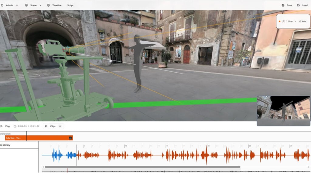a screenshot of the Lightcraft live collaborative platform showing a human figure in a cityscape and how the camera lines up to that figure