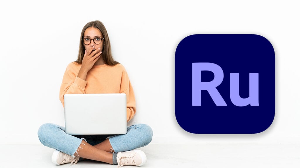a girl on a computer sits next to the Adobe Premiere Rush logo