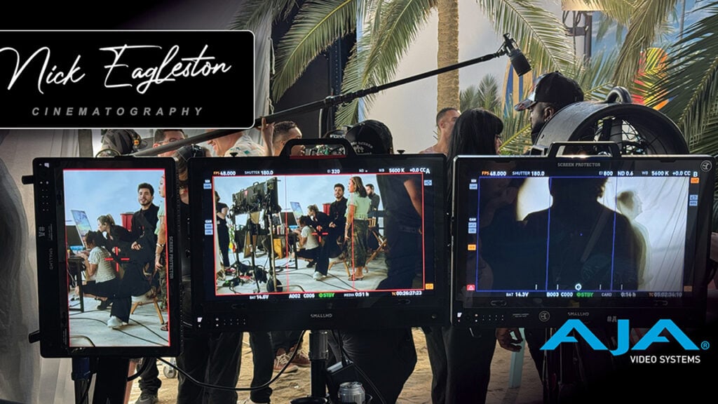 several monitors show people working on set at Nick Eagleston Cinematography studio