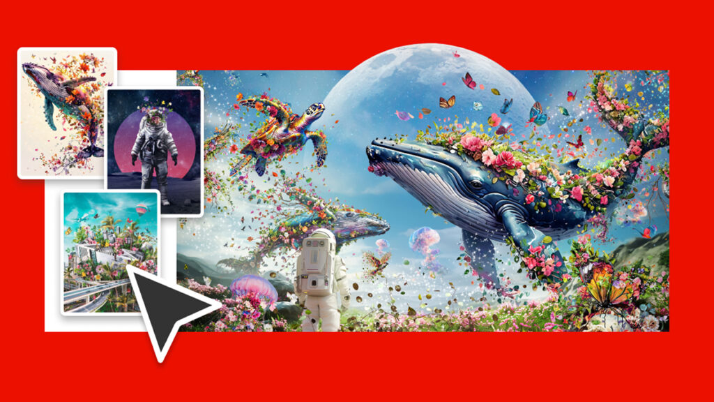 courtesy Katie Arrigan, a montage of images created with Adobe's various AI products including a whale covered with flowers