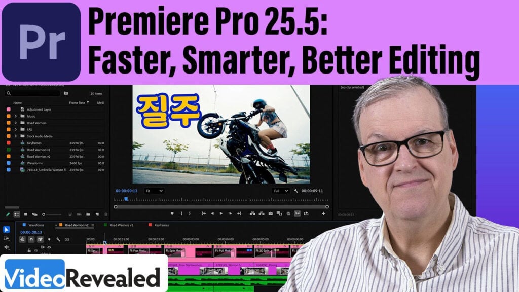 text that says Premiere Pro 25.5: Faster, Smarter, Better Editing