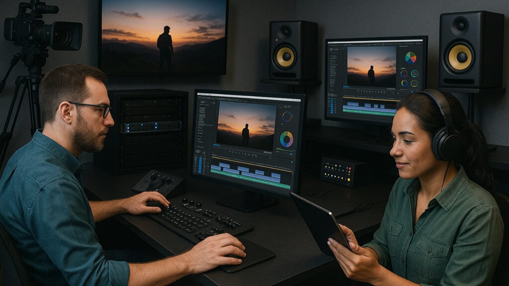 a man and a woman work in a post-production studio