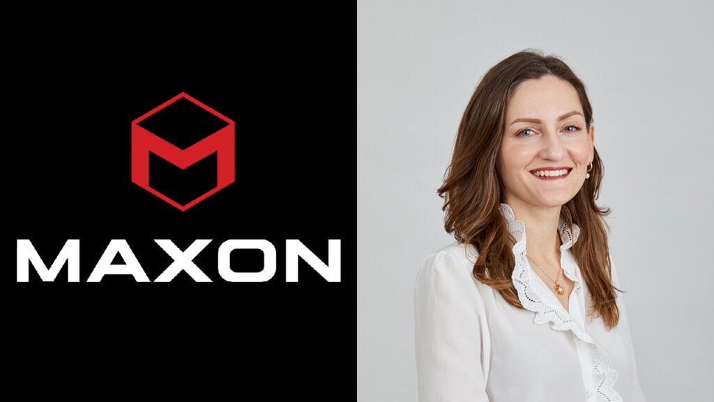 The Maxon logo next to a woman named Ksenia Kolchina, Vice President of marketing