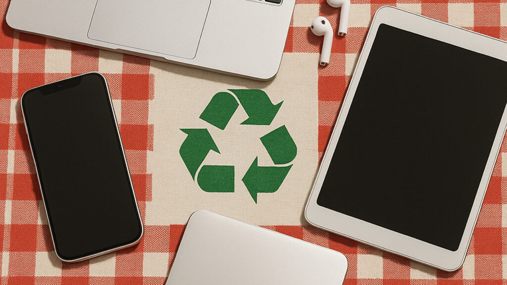 an Apple laptop, iPhone, and iPad are arranged around a green recycle symbol on a tablecloth