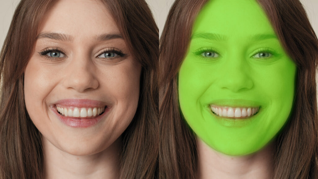 two images of a woman's face, with the image on the right masked out in green with Boris FX's Continuum 2026: New Face ML