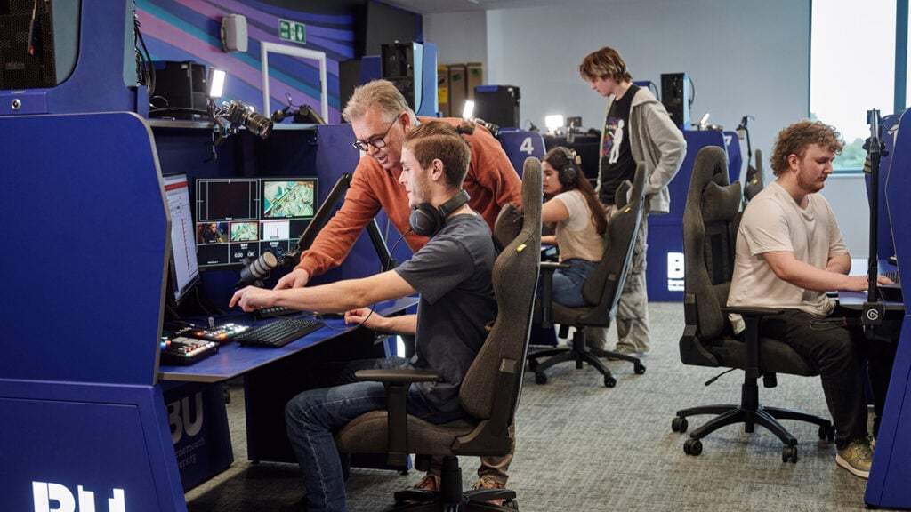 a group of students at Bournemouth University uses computers that run DaVinci Resolve software