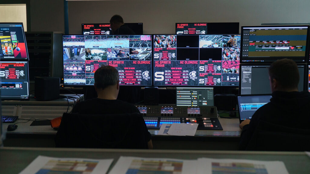 a broadcast studio filled with monitors and Blackmagic Design production equipment