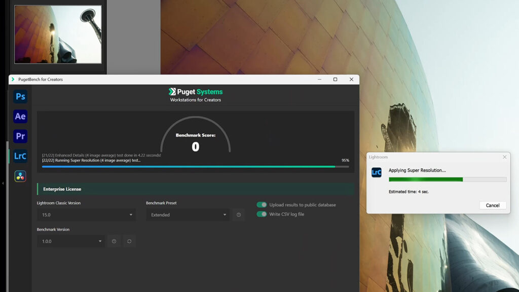 screenshot of the Puget Benchmark software for Adobe Lightroom Classic