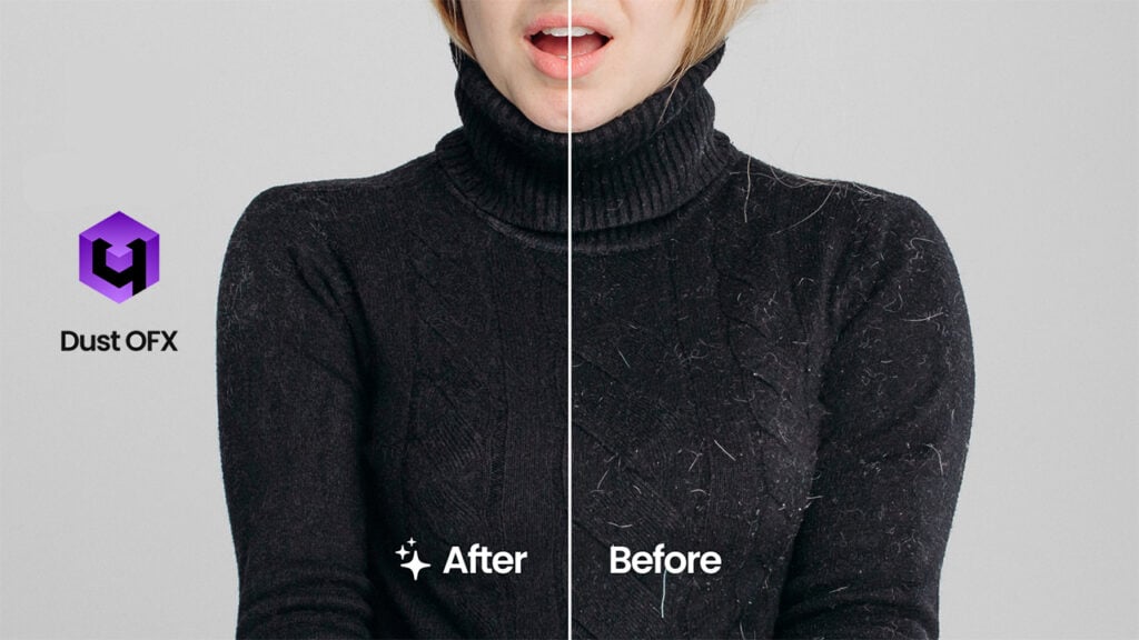 a before and after image of a woman wearing a black sweater, one side which has white dust on it and the other side has no dust after being retouched with the Retouch4Me plugin in DaVinci Resolve