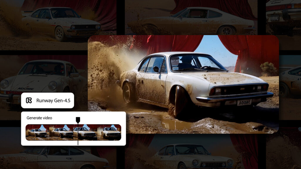 an image of a white car that has been created with Adobe and Runway software