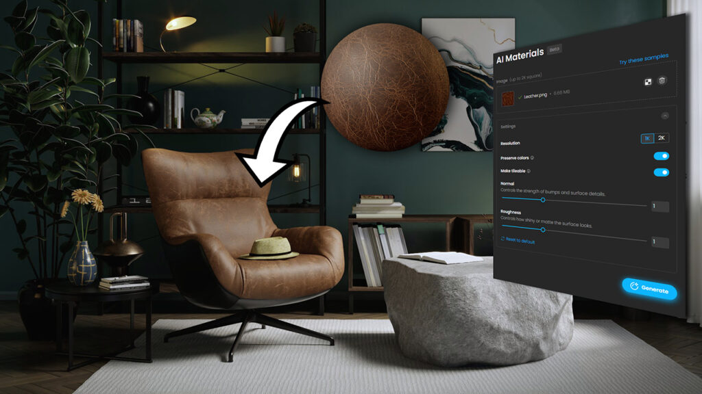 a scene created with Chaos software showing a leather chair in a study