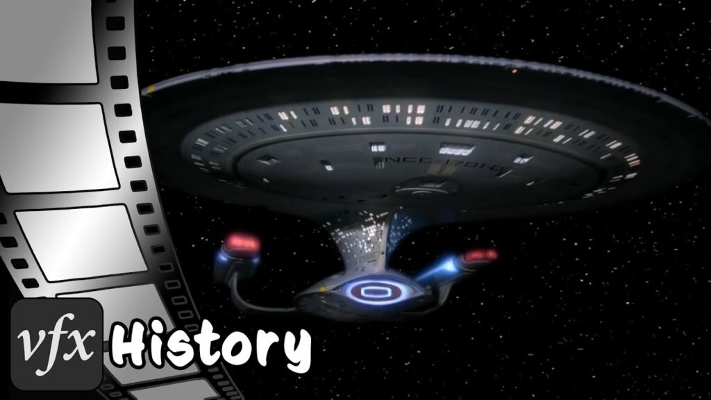 in a scene from Star Trek The Starship Enterprise floats through space