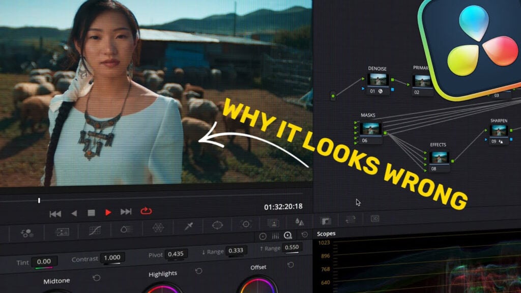 a screenshot of DaVinci Resolve post-production software with text that says why it looks wrong