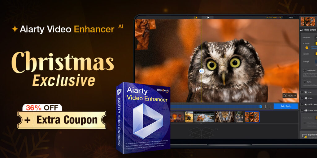 text that says Aiarty Video Enhancer Christmas exclusive
