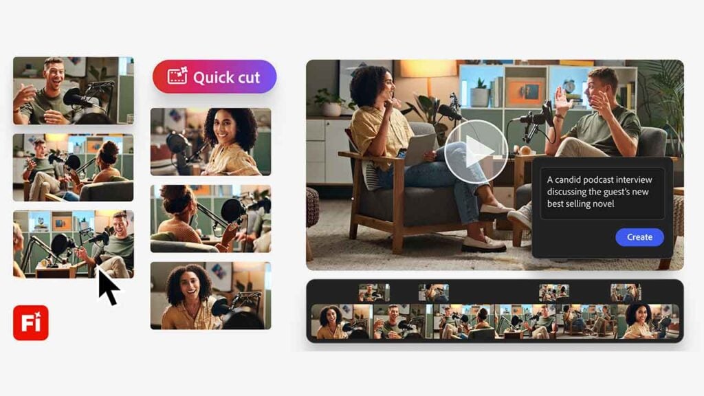 various screenshots from an interview that are being uploaded into Adobe Firefly's Quick Cut feature