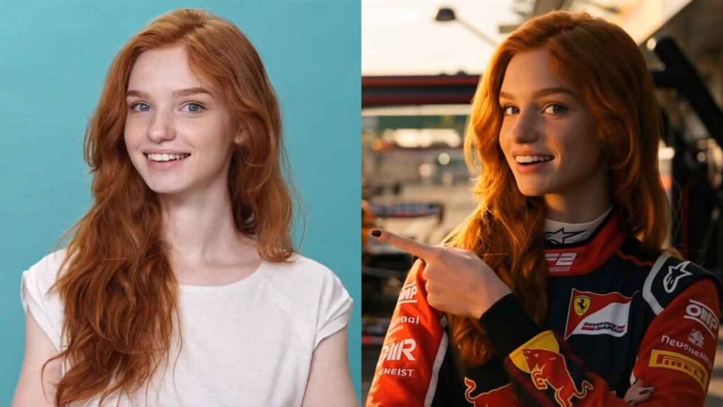 a before and after picture of a woman who's background has been replaced