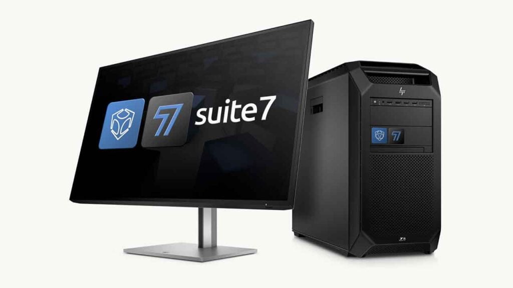 a computer with monitor displaying the word suite7