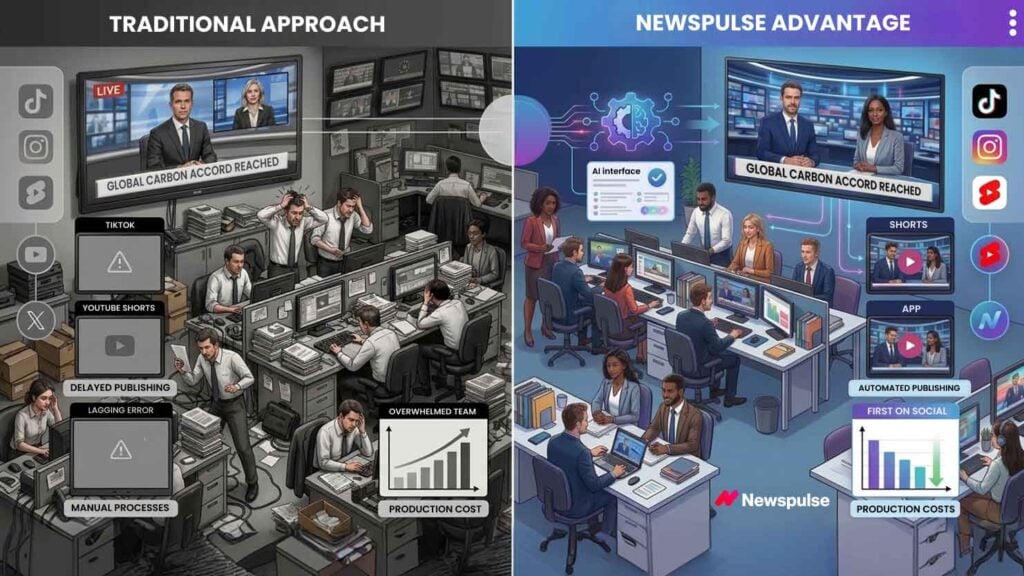 a black and white illustration of a newsroom representing the traditional approach and a colorized illustration of a newsroom representing how it would function with Amagi Newspulse