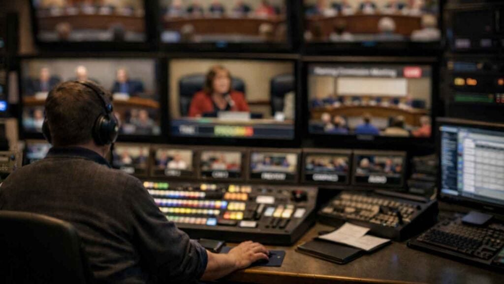 a man works in a broadcast studio surrounded by gear and monitors