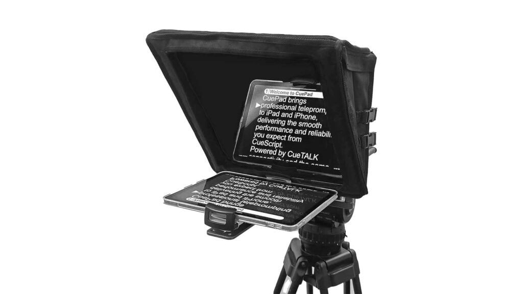 A CueScript teleprompter connected to an iPad
