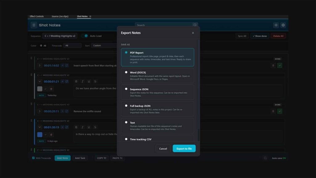 a screenshot of Digital Anarchy's ShotNotes export notes feature