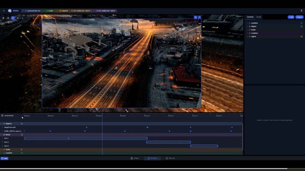 a screenshot of Lightcraft Spark software displaying a cityscape