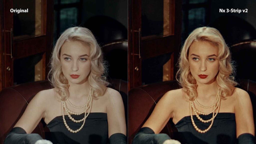 before and after image of a woman with the second image having the Nx 3-Strip v2 color correction applied to it