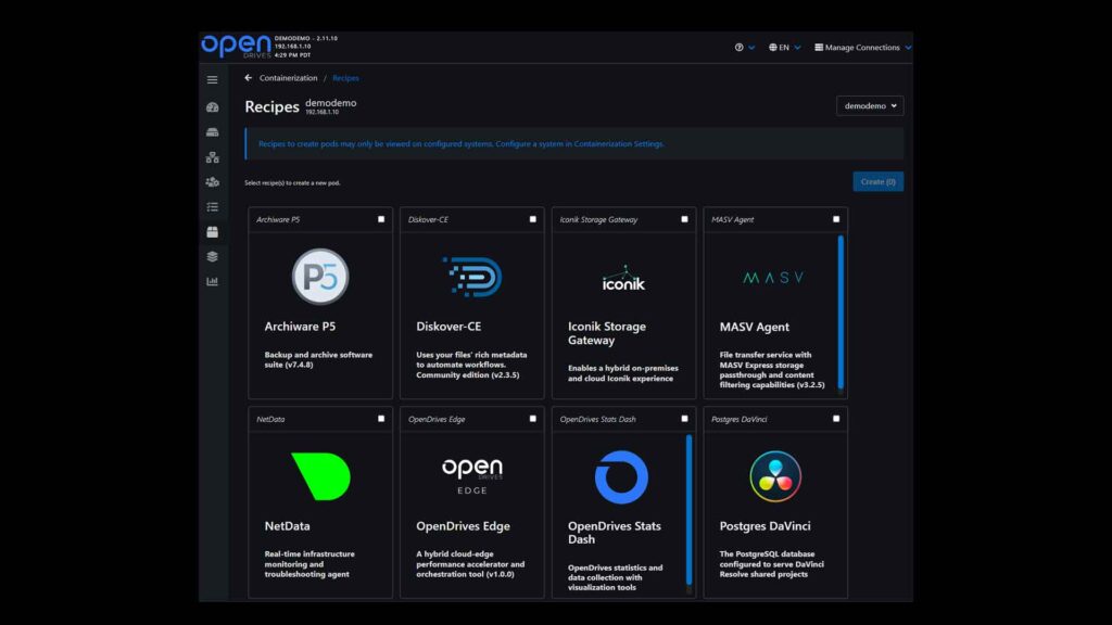 a screenshot of OpenDrives software displaying Containerization Recipes