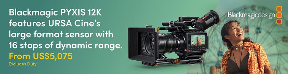text that says Blackmagic PYXIS 12K features URSA Cine’s large format sensor with 16 stops of dynamic range.