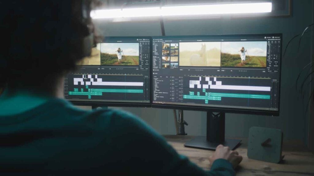 A man edits footage on two computer monitors